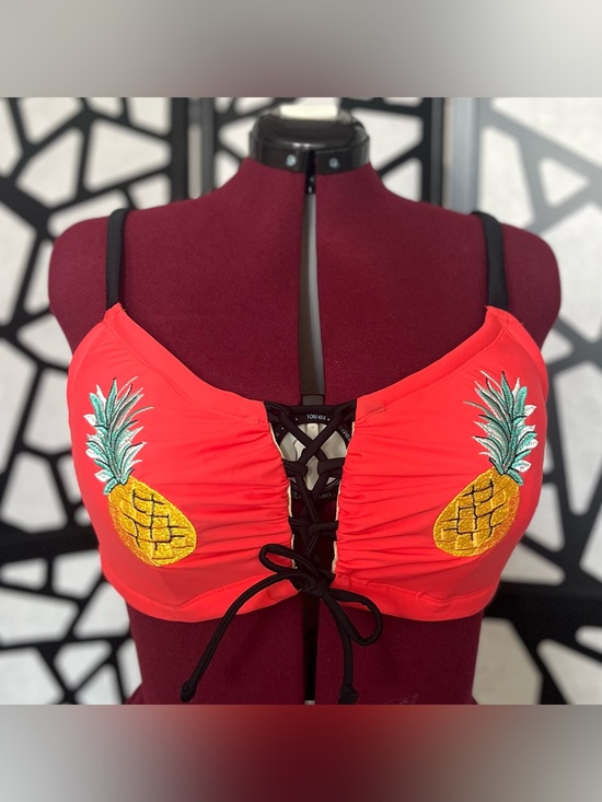 Cacique Other - Cacique Red Pineapple embroidered Lace-up Bikini Top